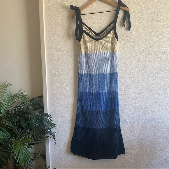 Zara Stripe Knit Midi Dress Tie Straps Blue Small - Picture 3 of 11